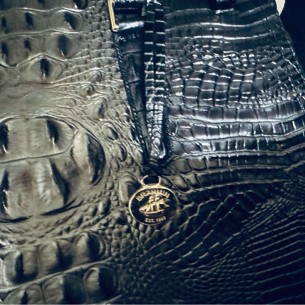 Brahmin Black Embossed Leather Bag with Gold Charm